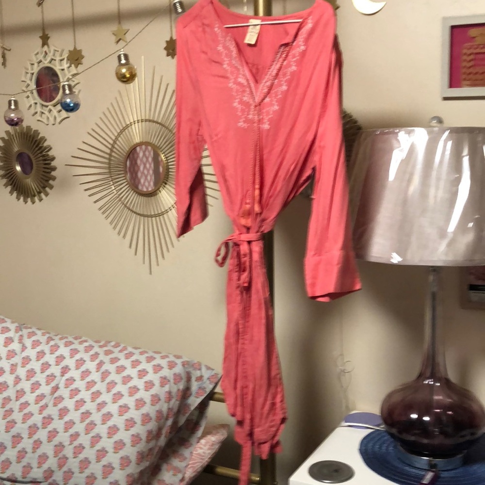 Faded, glory, coral, three-quarter sleeve, dress with tassels and belt.